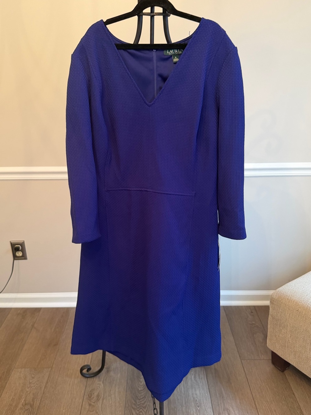 Lauren Ralph Lauren Dress 14 Blue Purple Textured V Neck 3/4 Sleeve NWT